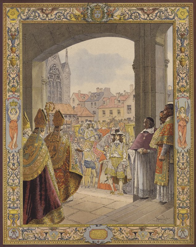 Tillkännagivande av majoriteten av kung Ludvig XIV, ankomsten till Sainte-Chapelle av Maurice Leloir