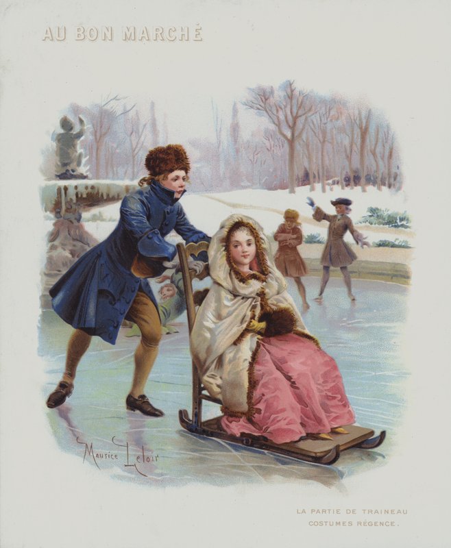 Att skjuta en släde på is, kostymer från den franska regentperioden (1715-1723) (chromolitho) av Maurice Leloir