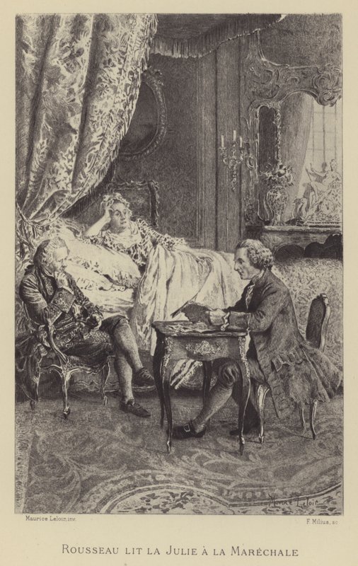 Rousseau läser sin roman Julie to la Marechale (gravyr) av Maurice Leloir