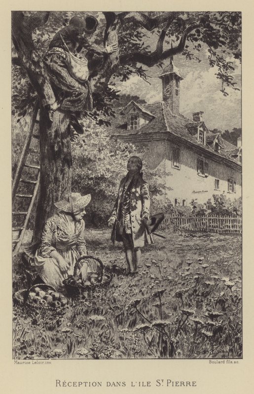Rousseaus mottagning på Ile St Pierre (gravyr) av Maurice Leloir
