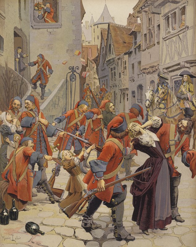 Dragonnades vräker en protestantisk familj av Maurice Leloir