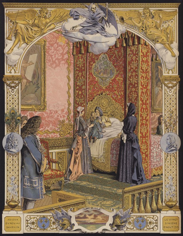 Den döende kungen Ludvig XIV omfamnar den unge Ludvig XV för sista gången av Maurice Leloir