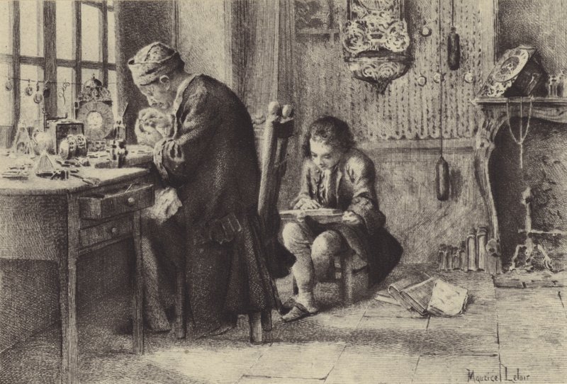 Den unge Jean-Jacques Rousseau läser medan hans far arbetar (gravyr) av Maurice Leloir