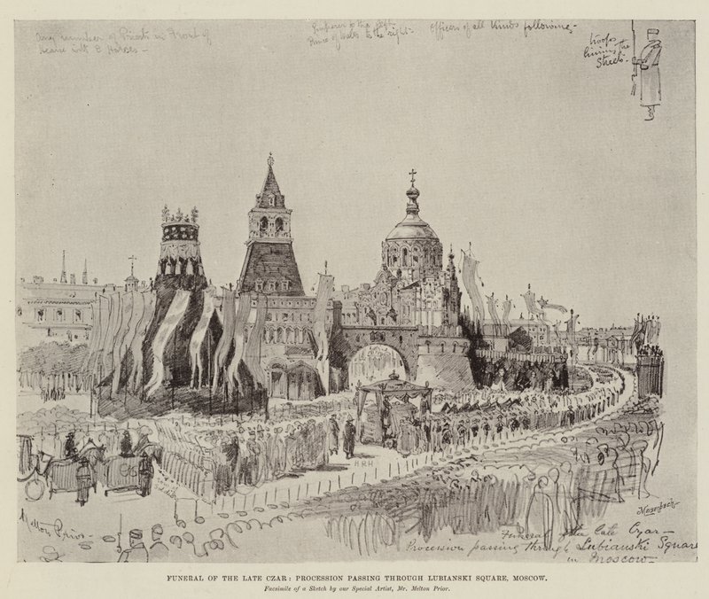Den avlidne tsarens begravning, procession genom Lubianski-torget, Moskva av Melton Prior