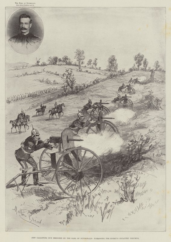 Ny galopperande kanon konstruerad av Earl of Dundonald, som trakasserar fiendens infanterikolonner. av Melton Prior