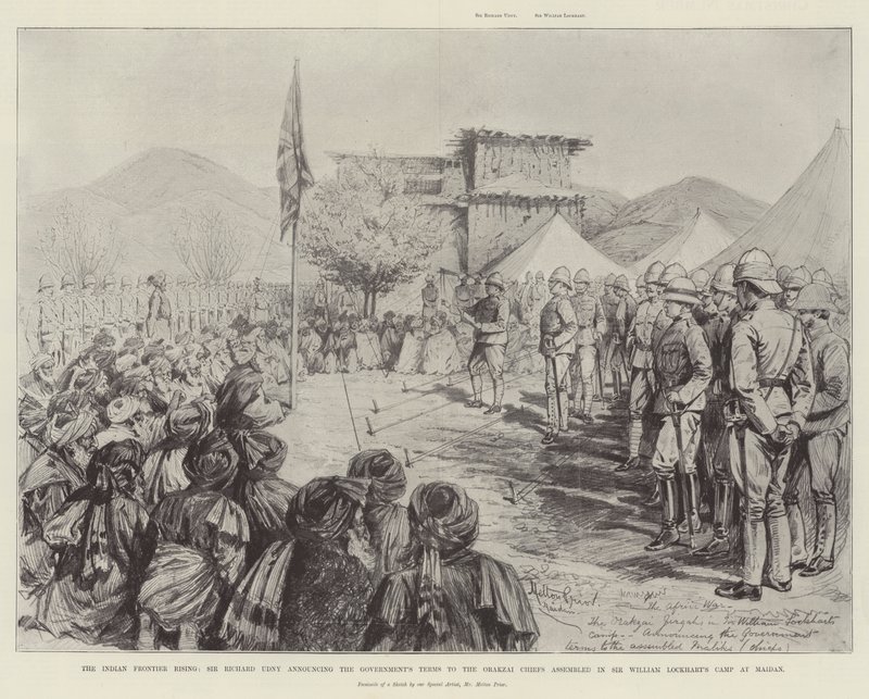 Den indiska gränsen reser sig, Sir Richard Udny tillkännager regeringens villkor till Orakzai hövdingar som samlats i Sir William Lockharts läger vid Maidan. av Melton Prior