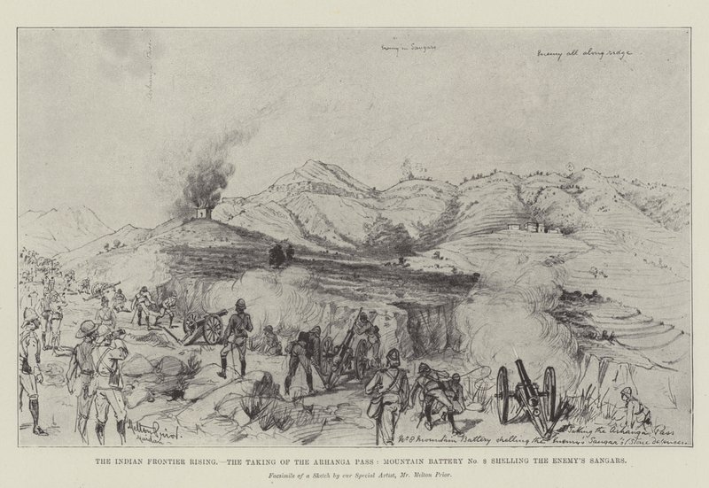 Indian Frontier Rising, intagandet av Arhanga-passet, bergsbatteri nr 8 som beskjuter fiendens sangarer av Melton Prior