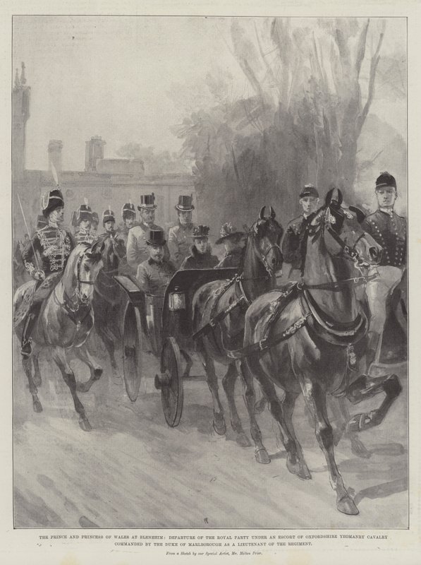 Prinsen och prinsessan av Wales på Blenheim, det kungliga sällskapets avfärd i eskort av Oxfordshire Yeomanry Cavalry under ledning av hertigen av Marlborough som löjtnant i regementet. av Melton Prior