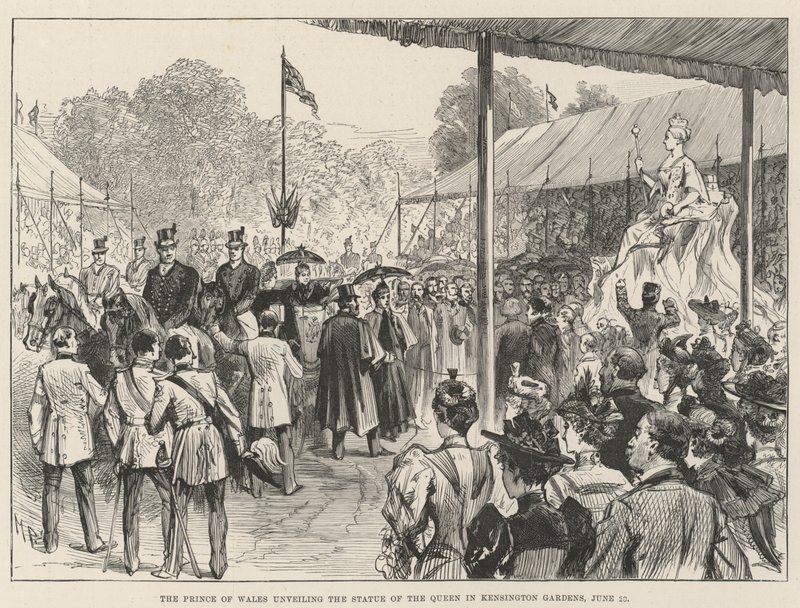 Prinsen av Wales avtäcker statyn av drottningen i Kensington Gardens, 28 juni av Melton Prior