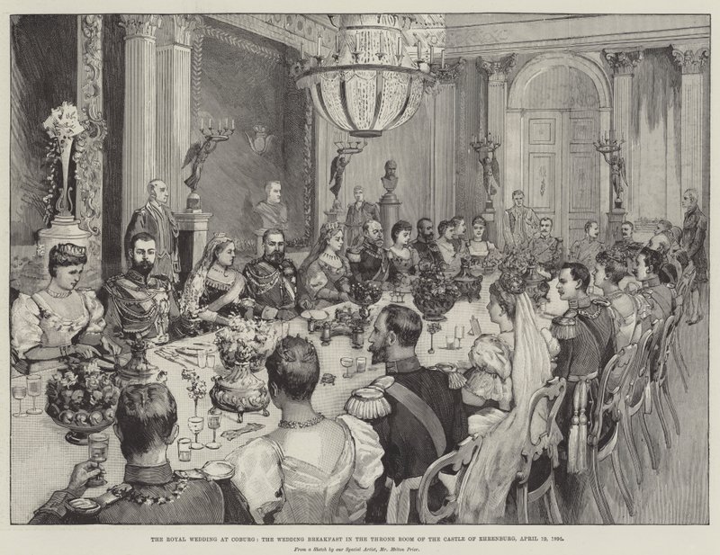 Det kungliga bröllopet i Coburg, bröllopsfrukost i tronsalen i slottet Ehrenburg, 19 april 1894 av Melton Prior