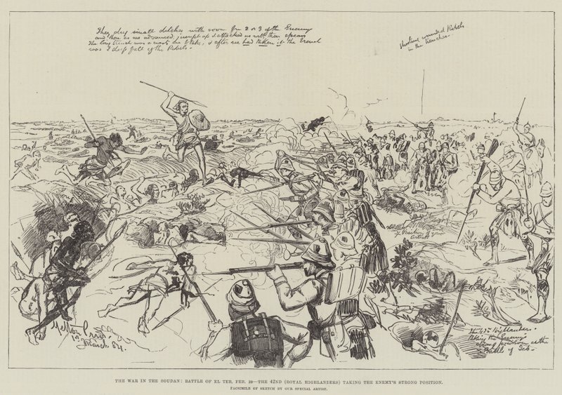 Kriget i Soudan, slaget vid El Teb, 29 februari, den 42:a (Royal Highlanders) intar fiendens starka position av Melton Prior