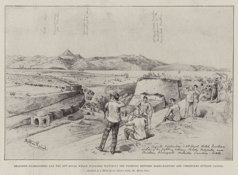 Seaforth Highlanders och 23:e Royal Welsh Fusiliers tittar på striderna mellan Bashi-Bazouks och kristna utanför Candia av Melton Prior