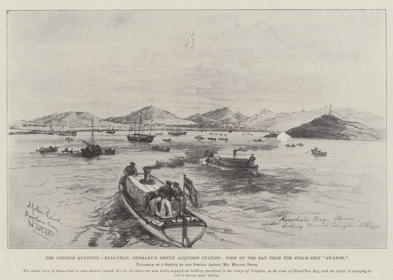 Den kinesiska frågan, Kiao-Chau, Tysklands nyförvärvade station, utsikt över bukten från Steam-Ship Swatow av Melton Prior