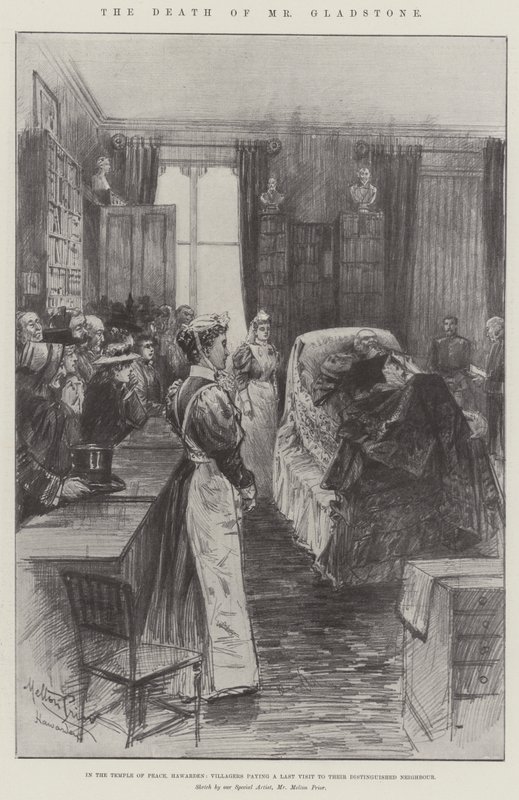 Gladstones död, i fredstemplet i Hawarden, byborna gör ett sista besök hos sin framstående granne. av Melton Prior