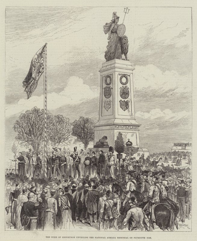 Hertigen av Edinburgh avtäckte det nationella Armada-monumentet på Plymouth Hoe. av Melton Prior
