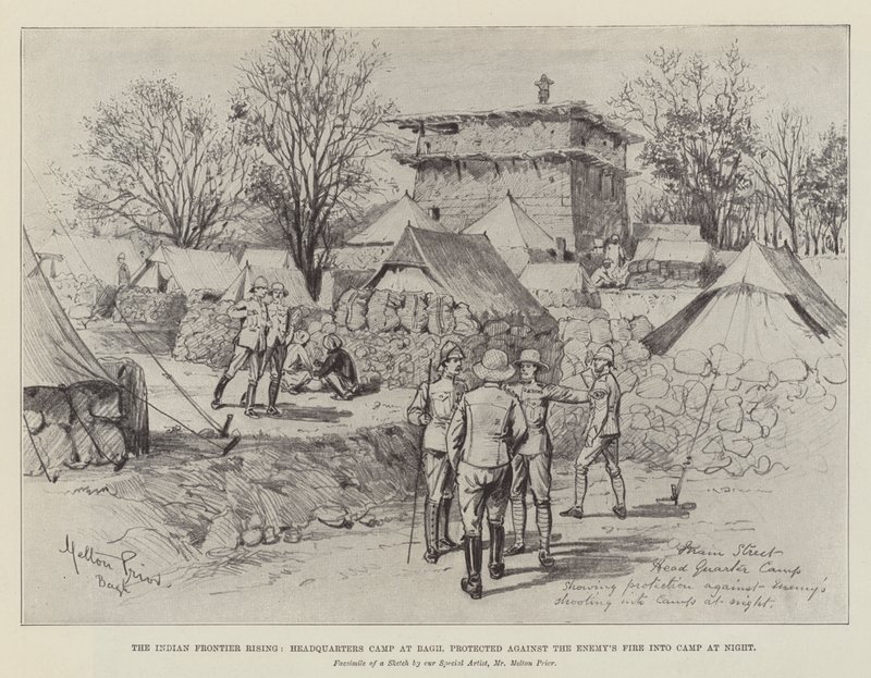 Indian Frontier Rising, högkvartersläger i Bagh, skyddad mot fiendens eld i lägret på natten av Melton Prior