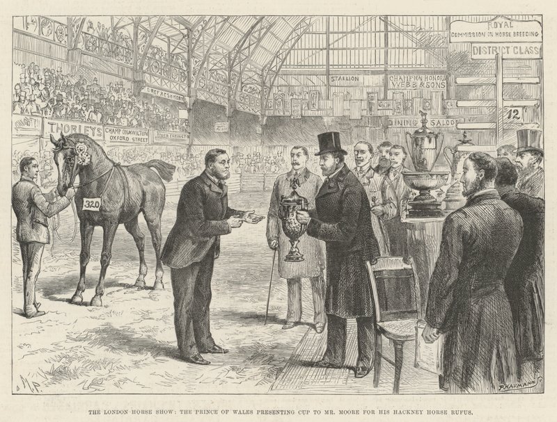London Horse Show, prinsen av Wales överlämnar pokal till mr Moore för hans Hackneyhäst Rufus. av Melton Prior