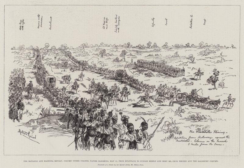 Matabele- och Mashona-revolten, kolonn under överste Napier marscherar den 11 maj från Bulawayo för att straffa rebeller och träffa herr Cecil Rhodes och Salisbury-kolonnen av Melton Prior
