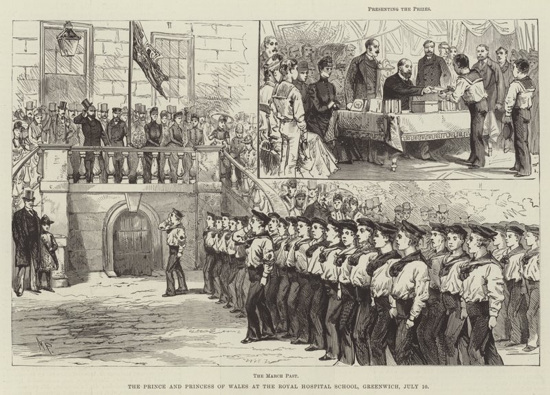 Prinsen och prinsessan av Wales på Royal Hospital School, Greenwich, 10 juli av Melton Prior