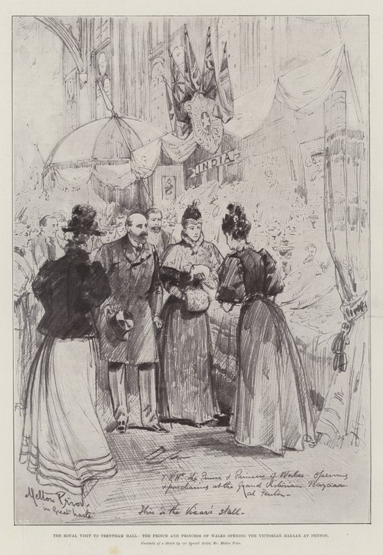 Det kungliga besöket på Trentham Hall, prinsen och prinsessan av Wales invigde den viktorianska basaren i Fenton av Melton Prior