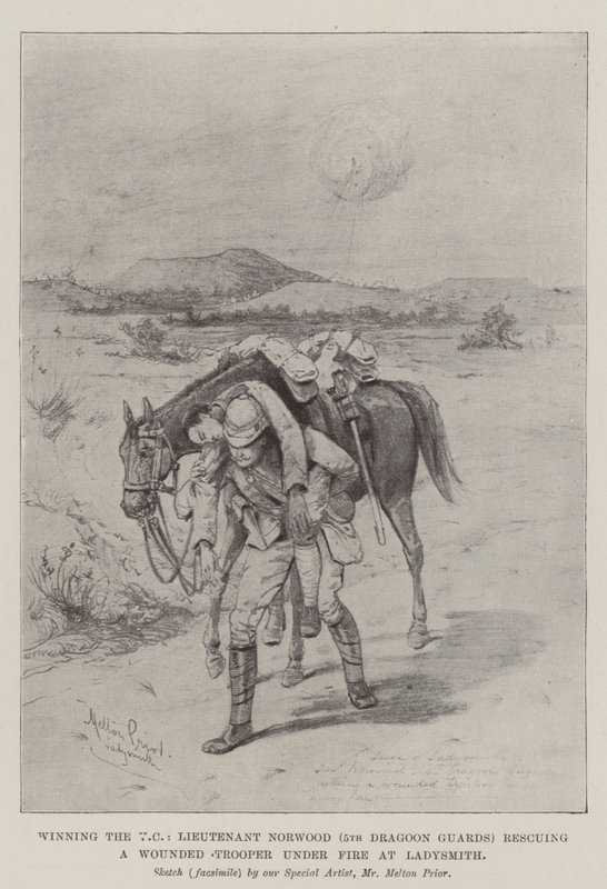 Genom att vinna VC, räddade löjtnant Norwood (5th Dragoon Guards) en sårad soldat under eld vid Ladysmith av Melton Prior