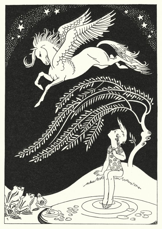 Nedåt kom Pegasus, i breda svepande cirklar (färg litho) av Merlyn Mann