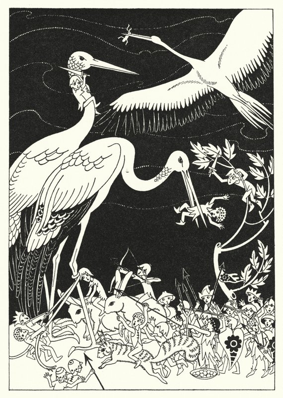 Några av pygméerna korsvis i sina näbbar (färg litho) av Merlyn Mann