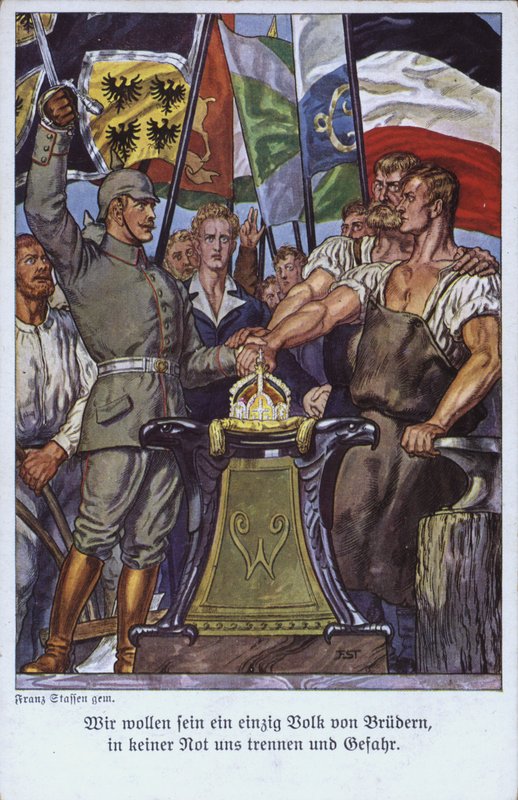 De tyska folkens enhet, propagandavykort (färg litho) av Mesopotamian