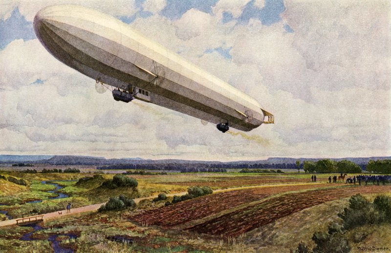 Bestigning av ett tyskt militärt Zeppelin-luftskepp (färg litho) av Michael Zeno Diemer