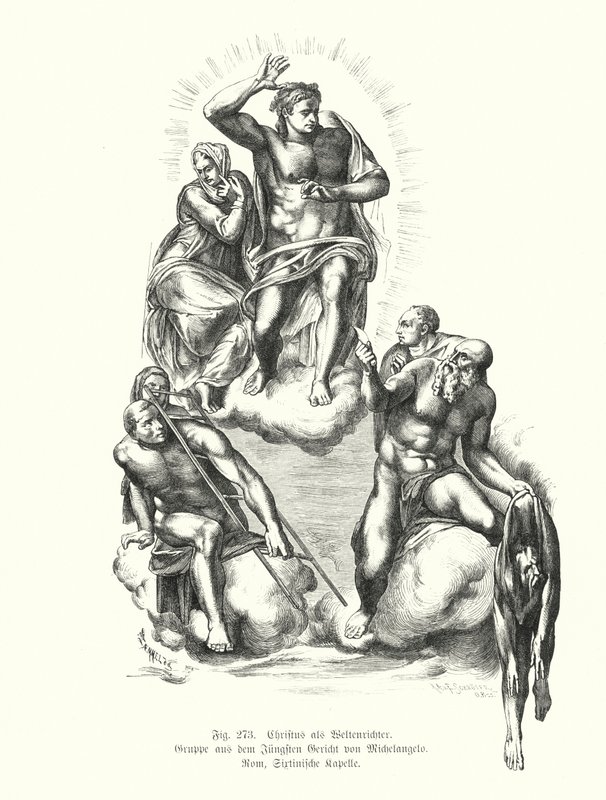 Kristus domaren, detalj från Michelangelos sista dom, målning på altarväggen i Sixtinska kapellet, Peterskyrkan, Rom, Italien (gravyr) av Michelangelo (after) Buonarroti