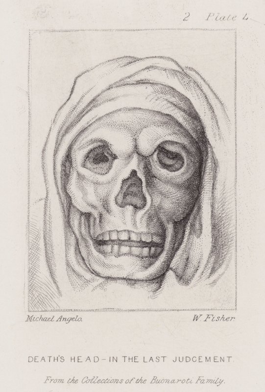 Dödens huvud, i den sista domen (etsning) av Michelangelo (after) Buonarroti