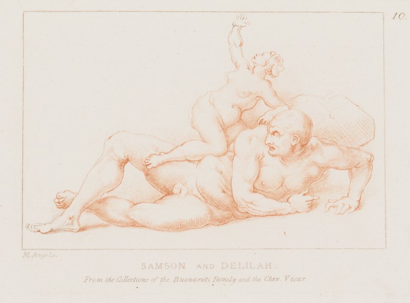 Simson och Delila (etsning) av Michelangelo (after) Buonarroti