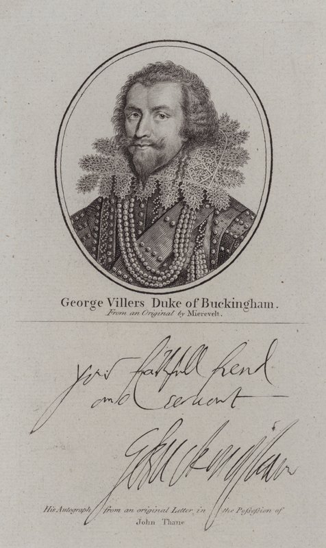 George Villiers hertig av Buckingham, engelsk hovman, politiker och favorit till kung James I (gravyr) av Michiel Janszoon van (after) Miereveldt