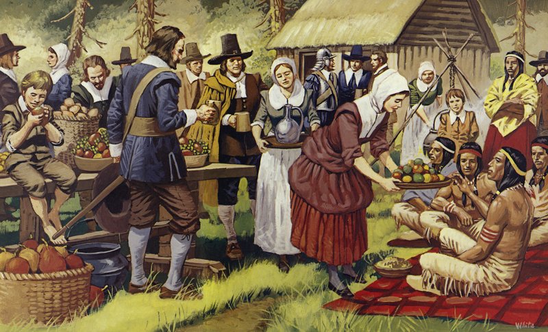 Den första tacksägelsedagen 1621, ett år efter att pilgrimsfäderna hade lämnat den gamla världen (färglitografi) av Mike (20th century) White