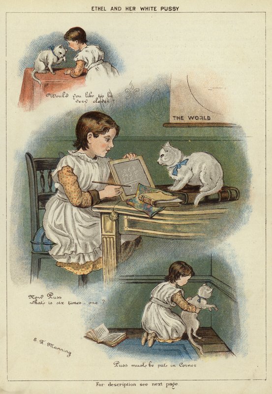 Ethel och hennes vita katt (chromolitho) av Miss Eliza F. Manning