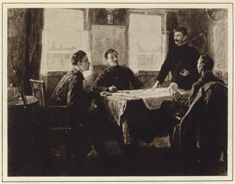 Joseph Stalin i högkvartersvagnen i Tsaritsyn, ryska inbördeskriget av Mitrofan Borisovic Grekov