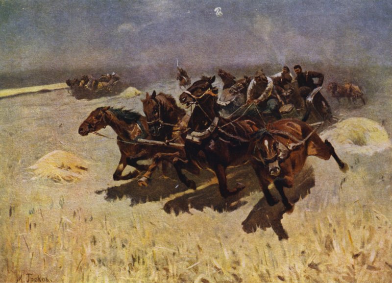 Tachanka (kulspruta monterad på en häst och vagn) (färg litho) av Mitrofan Borisovic Grekov