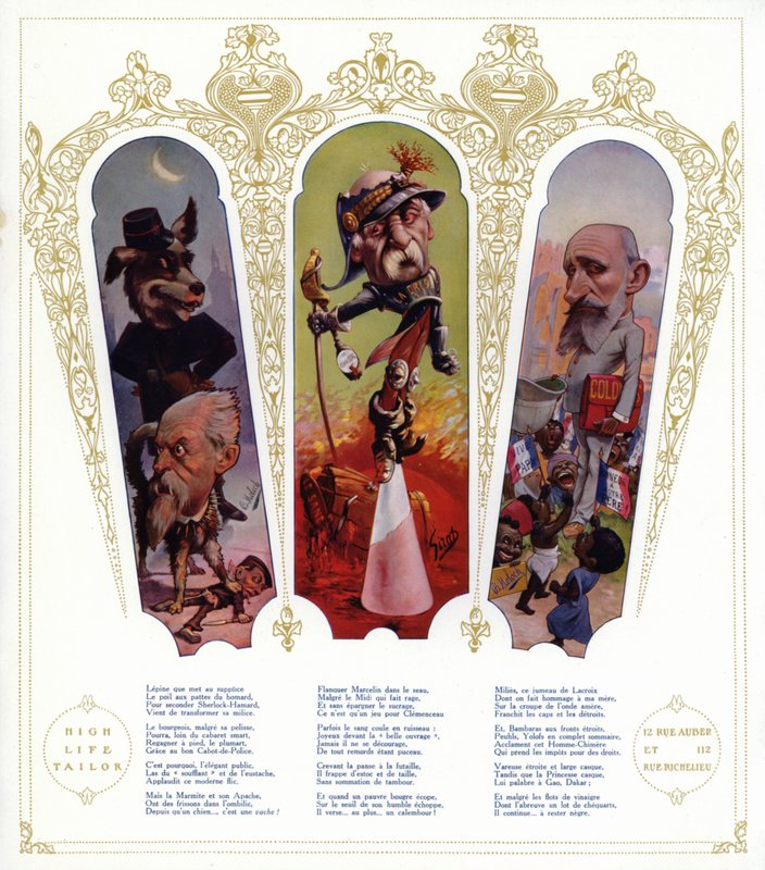 Karikatyrer; Louis Lepine, prefekt i Paris; Georges Clemenceau, fransk politiker och premiärminister; Raphael Millies-Lacroix, fransk politiker och minister för kolonierna (färg litho) av Moloch