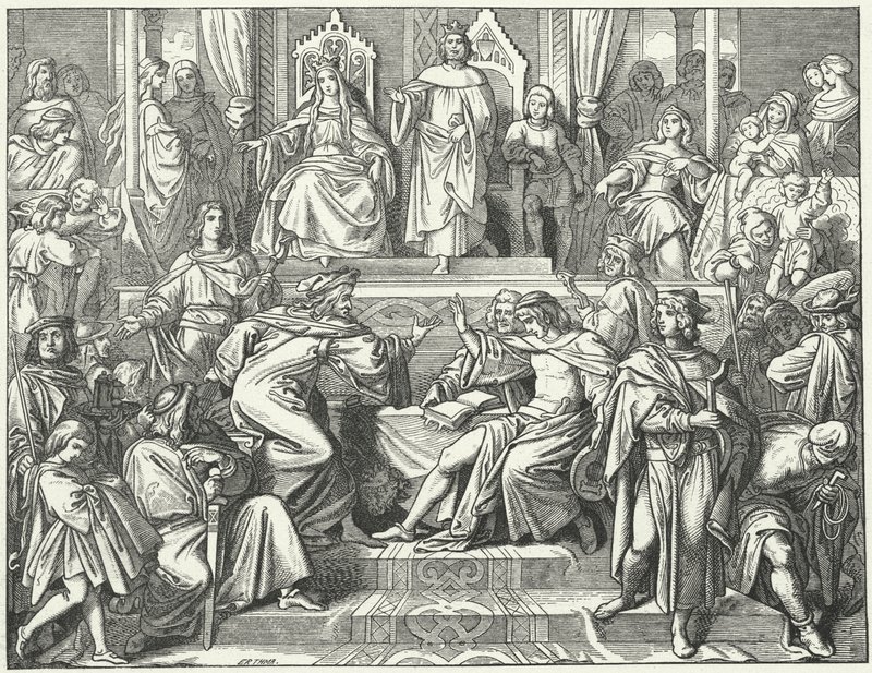 Sangerkrieg, en tävling mellan minstreler på slottet Wartburg i Thüringen 1207 (gravyr) av Moritz Ludwig von Schwind