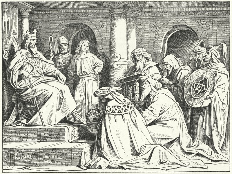 Kalifen Harun al-Rashids sändebud som ger gåvor till kejsaren Karl den Store, 802 (gravyr) av Moritz Ludwig von Schwind