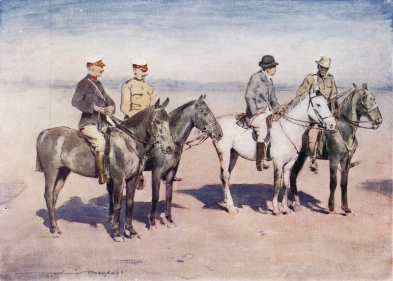 Sir Alfred Milner intervjuar överste Cholmondeley från CIV av Mortimer Ludington Menpes