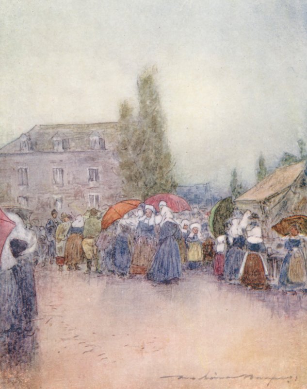 En regnig dag på mässan (färglitografi) av Mortimer Ludington Menpes