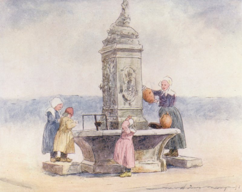 Vid fontänen, Concarneau (färglitografi) av Mortimer Ludington Menpes