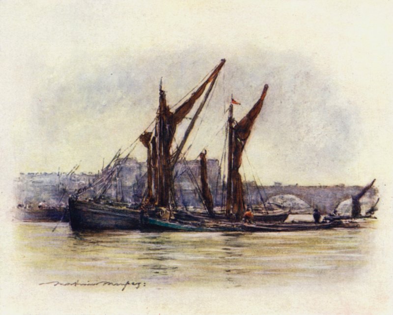 Höpråmar nära Westminster Bridge av Mortimer Ludington Menpes