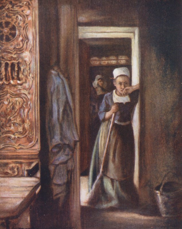 Hushållets sysslor (färglitografi) av Mortimer Ludington Menpes