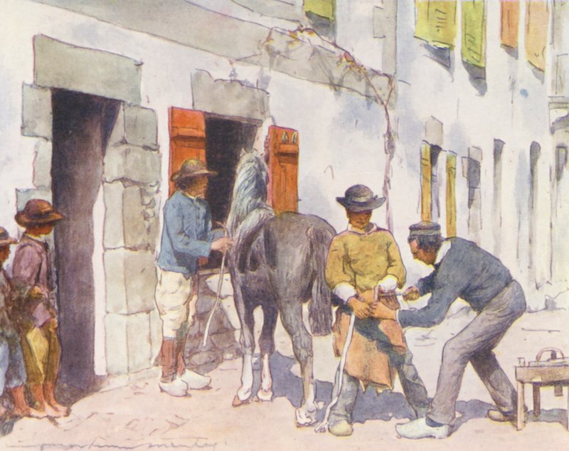 Utanför smedjan, Pont-Aven (färglitografi) av Mortimer Ludington Menpes