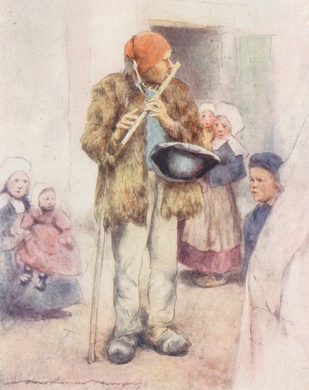 Den blinda flöjtspelaren (färglitografi) av Mortimer Ludington Menpes