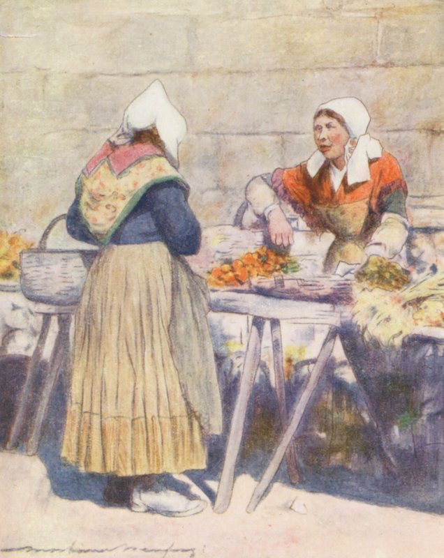 Grönsaksmarknaden, Quimper (färglitografi) av Mortimer Ludington Menpes