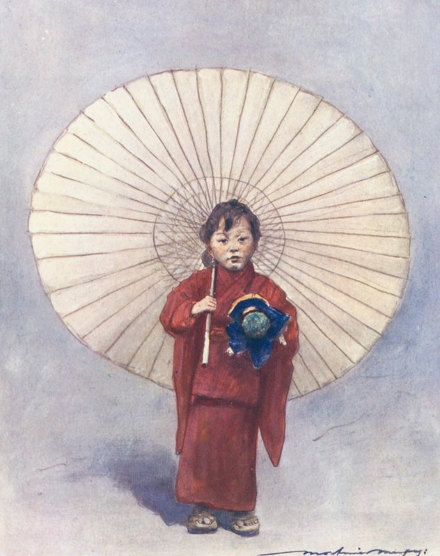 Världens barn: Japan, hans första paraply (färglitografi) av Mortimer Ludington Menpes