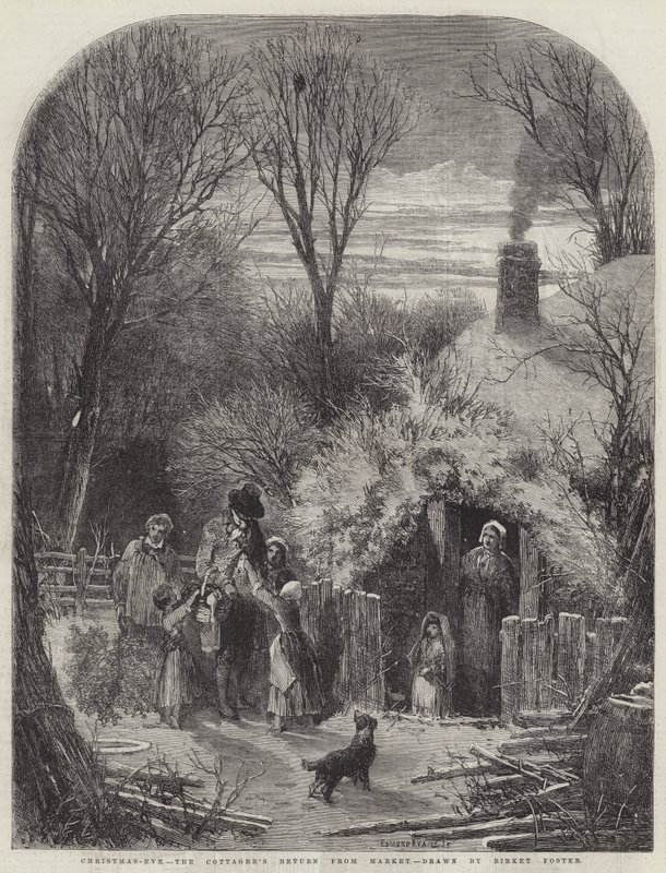 Julafton, stugans återkomst från marknaden av Myles Birket Foster